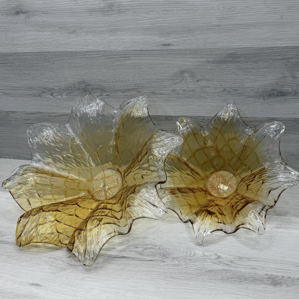 Murano Glass Amber Flower Bowl Nesting Pair Italy Art Glass Centerpiece 19" 15"
